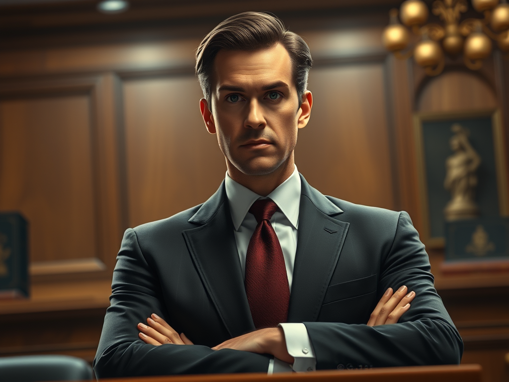 A confident man in a formal suit and tie stands with crossed arms in a courtroom, exuding authority and focus.