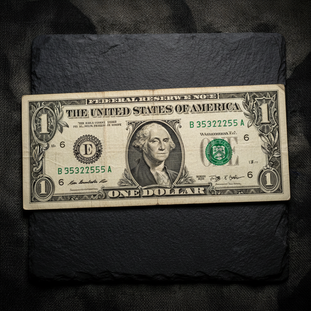 US one-dollar bill with George Washington's portrait, serial number B 35322555 A, on dark slate.