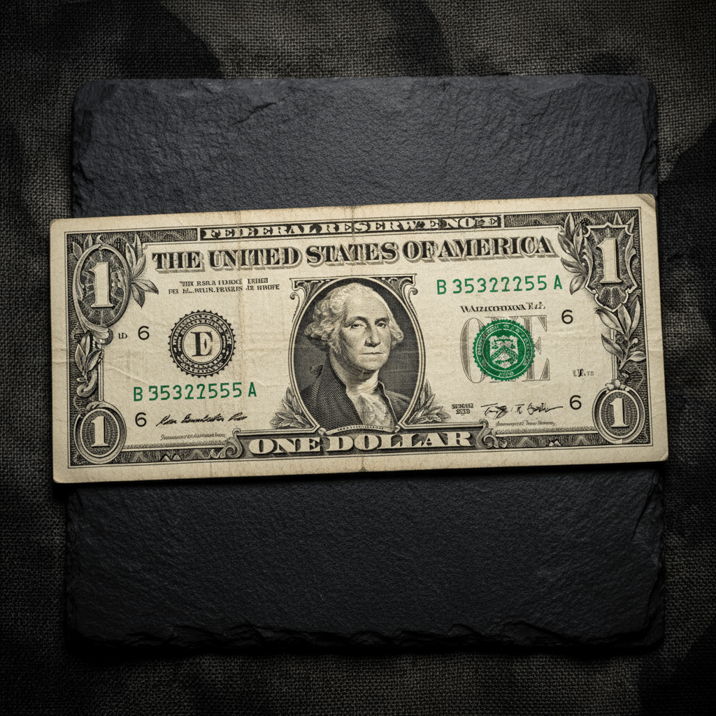US one-dollar bill with George Washington's portrait, serial number B 35322555 A, on dark slate.