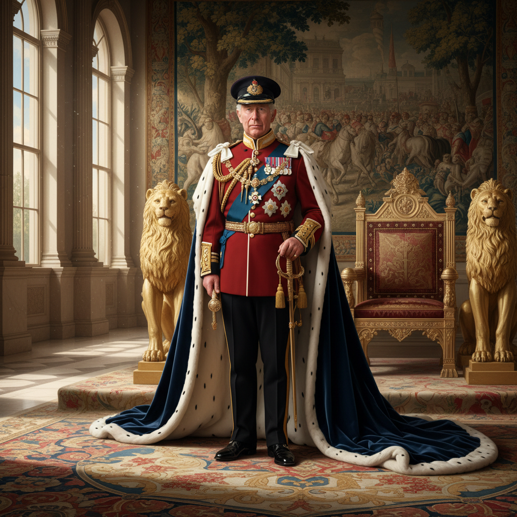 King Charles III in red military uniform and blue velvet ermine-lined robe.