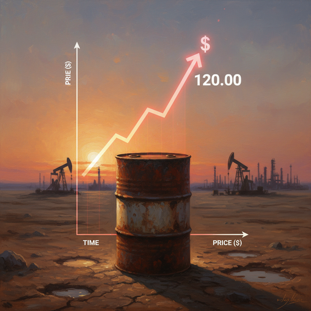 Line graph labeled PRIE ($), TIME, and PRICE ($) showing price rising to 120.00 over an oil barrel.