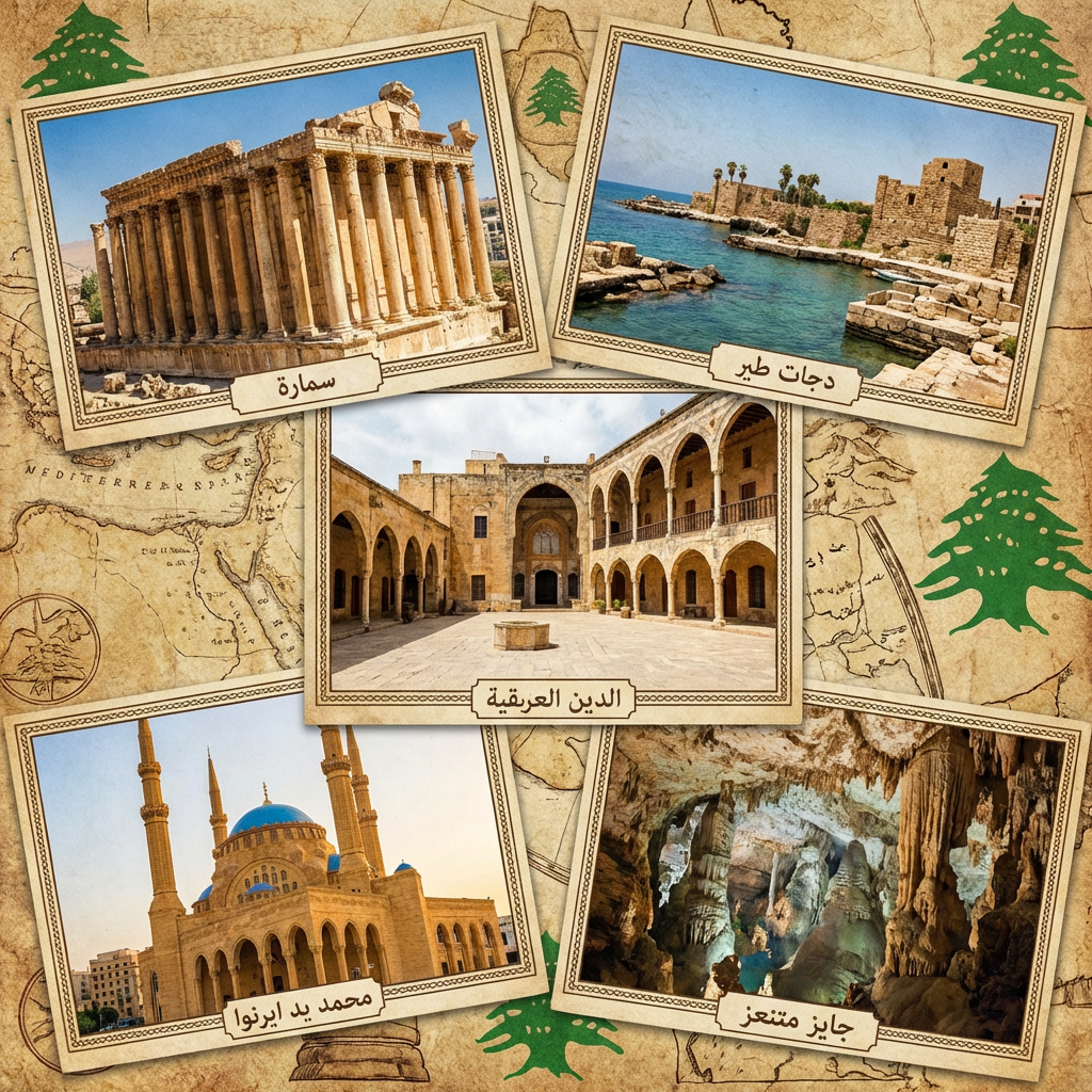 Collage of five iconic Lebanese landmarks displayed over a vintage map with cedar trees.