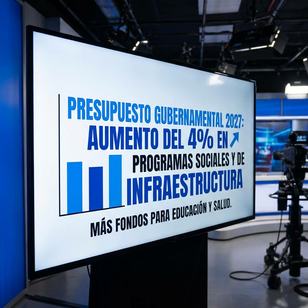 Screen reads: PRESUPUESTO GUBERNAMENTAL 2027: AUMENTO DEL 4% EN PROGRAMAS SOCIALES Y DE INFRAESTRUCTURA. MÁS FONDOS PARA EDUCACIÓN Y SALUD.
