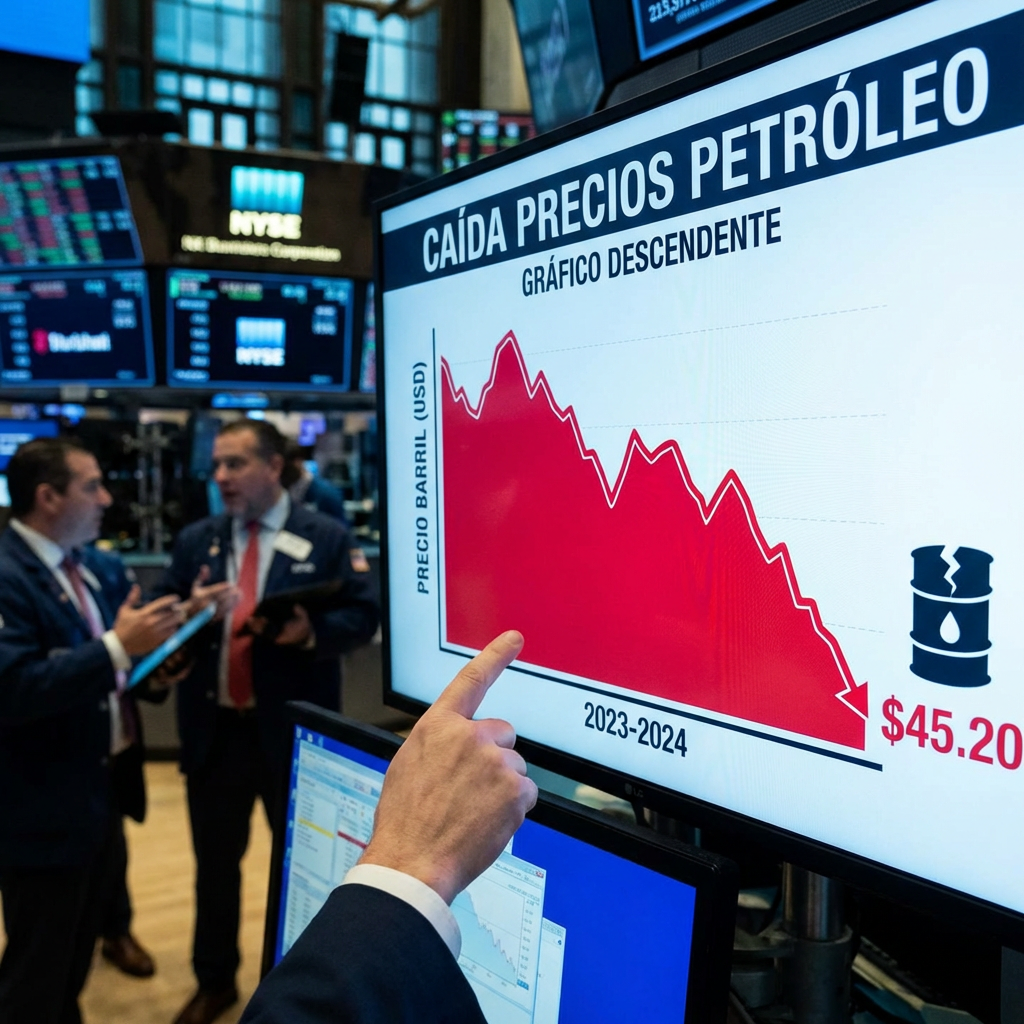 Chart titled CAÍDA PRECIOS PETRÓLEO showing a sharp decline in oil prices to $45.20.