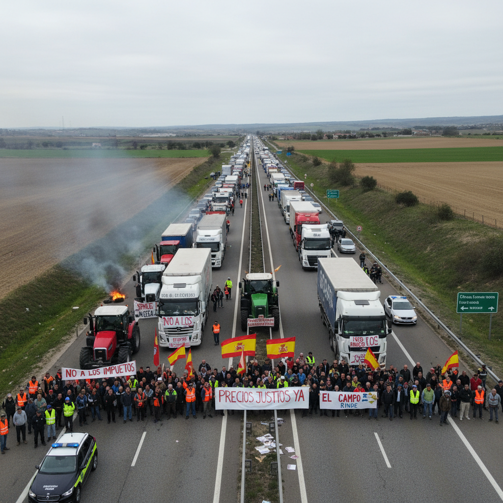 Spanish farmers block a highway with trucks and tractors, holding banners reading 'PRECIOS JUSTIOS YA' and 'NO A LOS IMPUESTOS'.