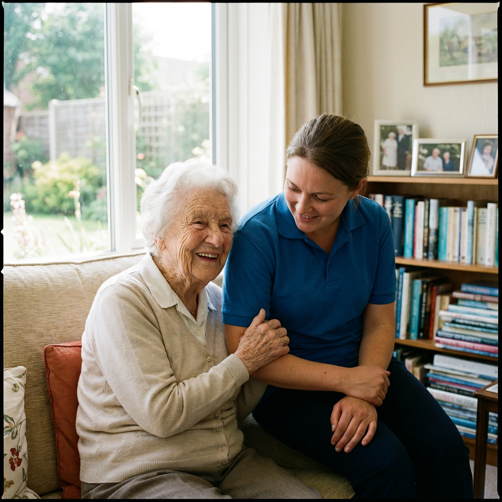 Elderly woman smiling warmly with caregiver