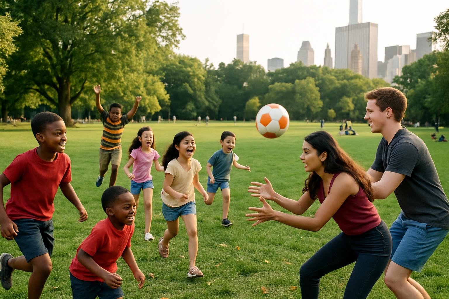 Group of diverse young adults sitting on a blanket in a park having a picnic with food, guitar, and camera.