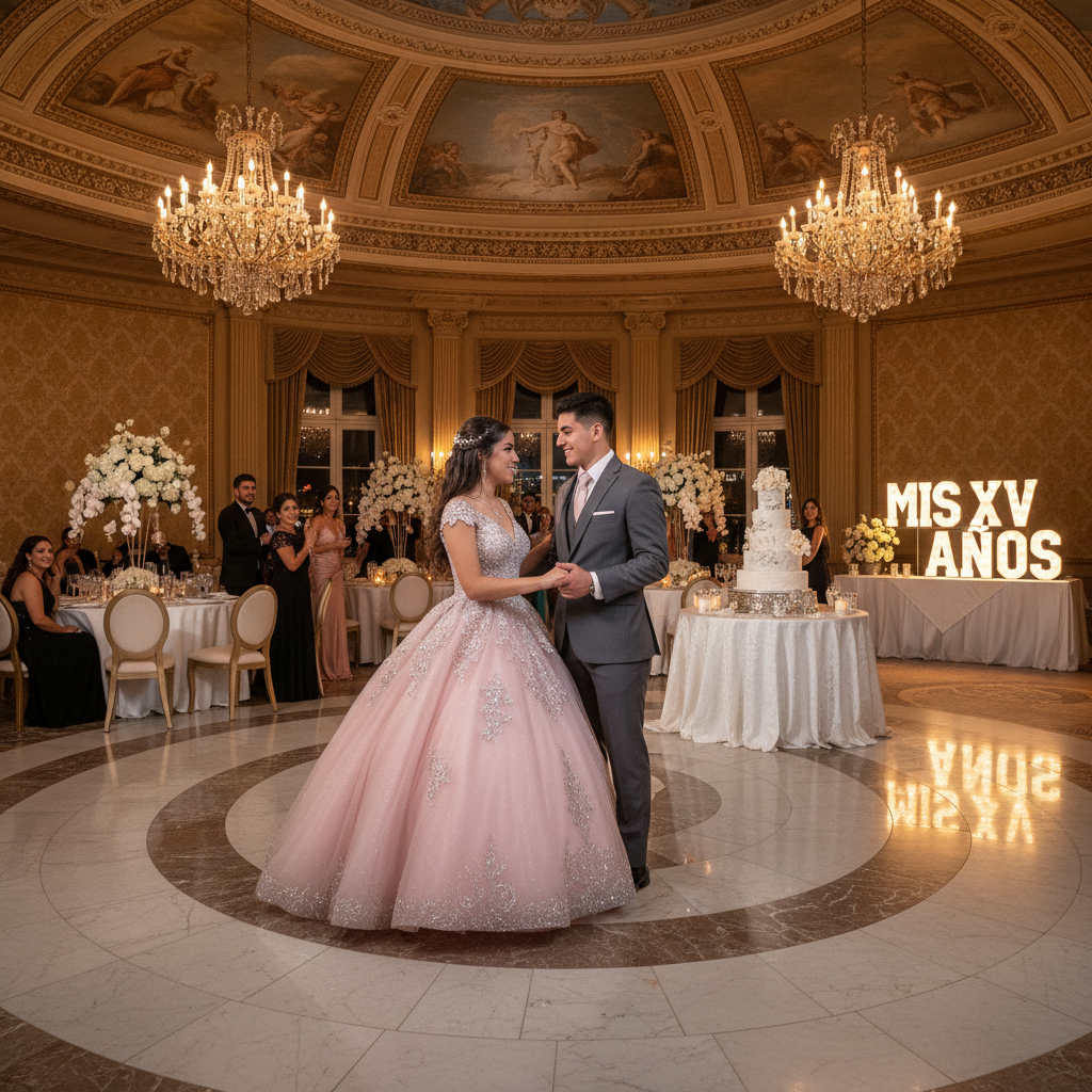 Teen girl in pink quinceañera gown dancing with young man in suit in elegant ballroom