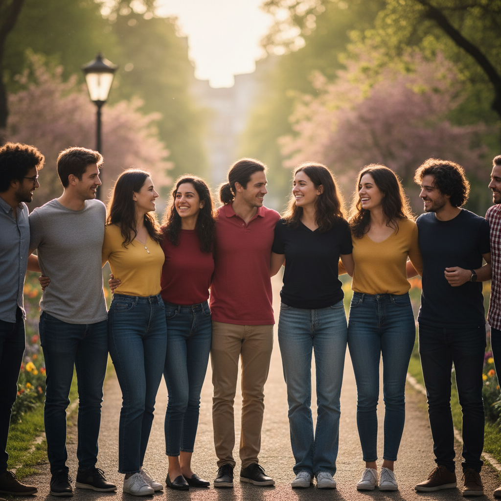 Diverse group of eight friends walking arm-in-arm in a park with trees and flowers