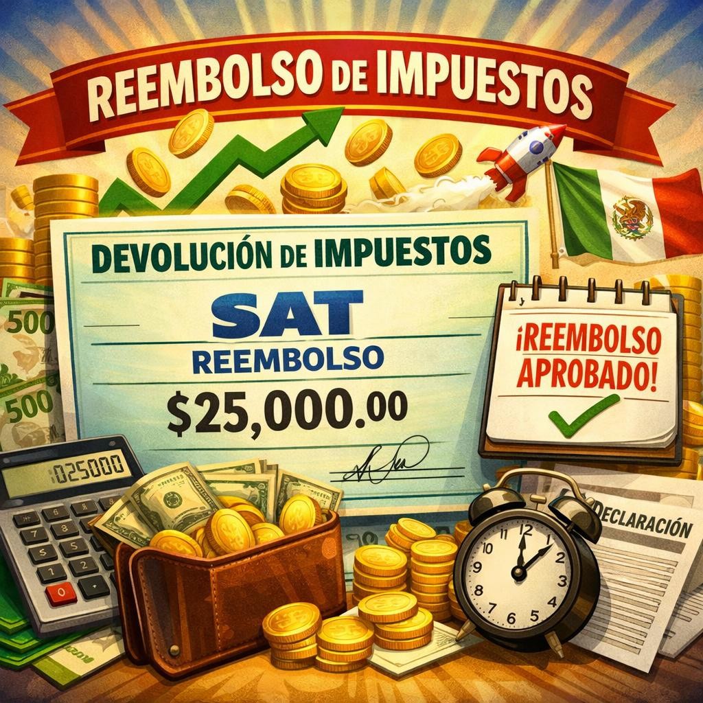 Approved tax refund certificate of $25,000 with money, calculator, clock, and Mexican flag