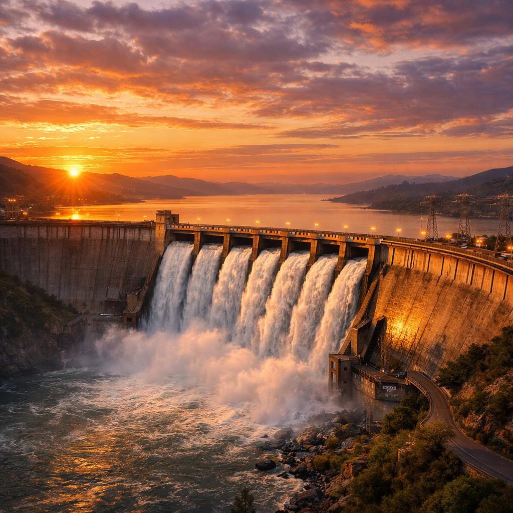 Large dam releasing water with sunset in the background and surrounding hills