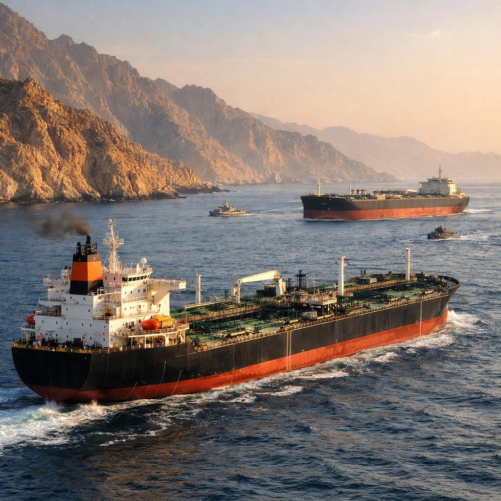 Two oil tankers sailing close to rocky mountains with smaller escort vessels nearby