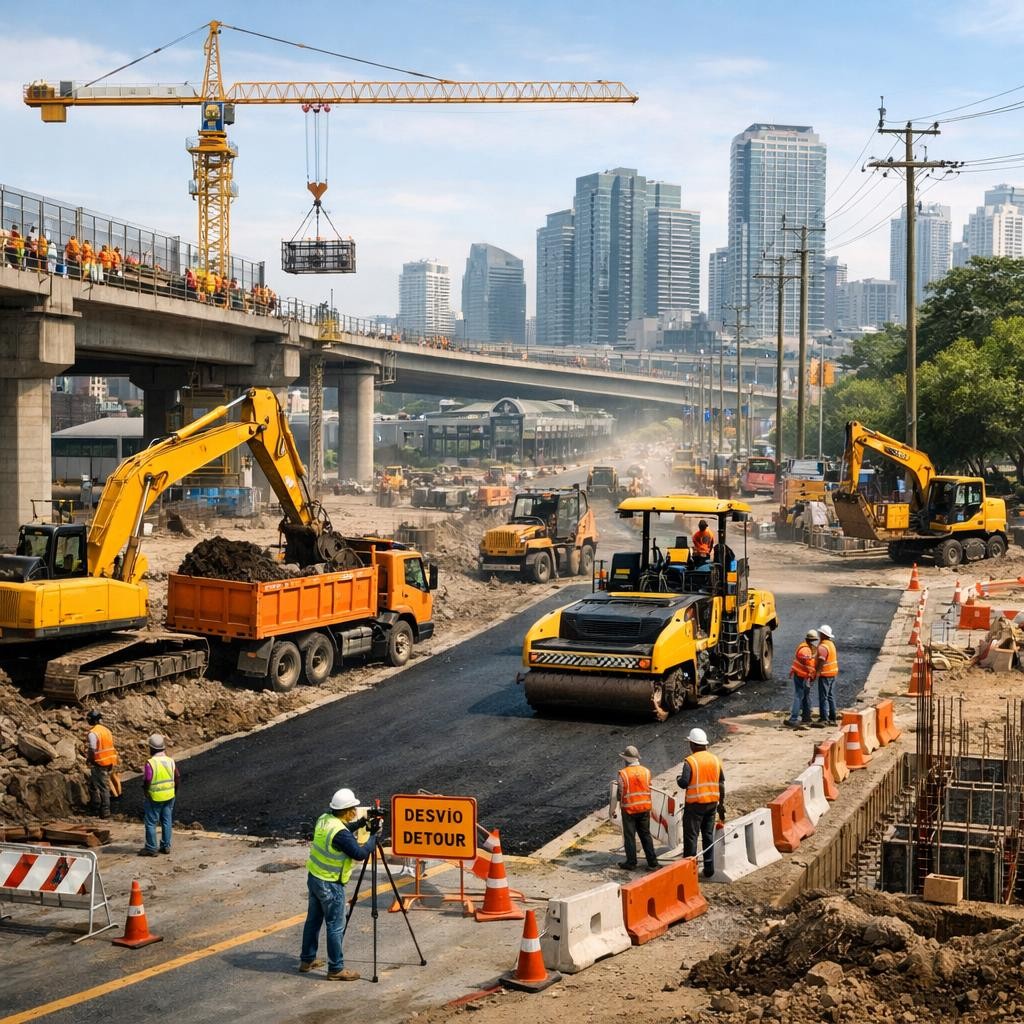 Construction workers and machinery resurfacing an urban road under a detour sign