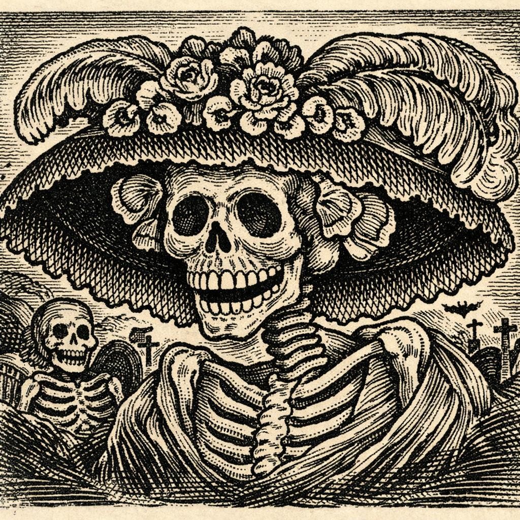 Engraving of La Catrina skeleton wearing floral hat with feathers