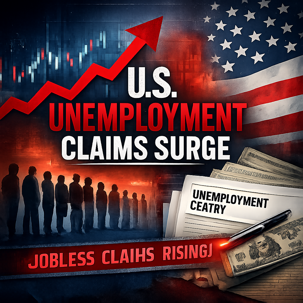 Red upward arrow over text 'U.S. unemployment claims surge' with silhouette line and money