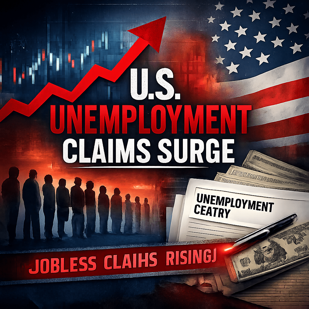 Red upward arrow over text 'U.S. unemployment claims surge' with silhouette line and money