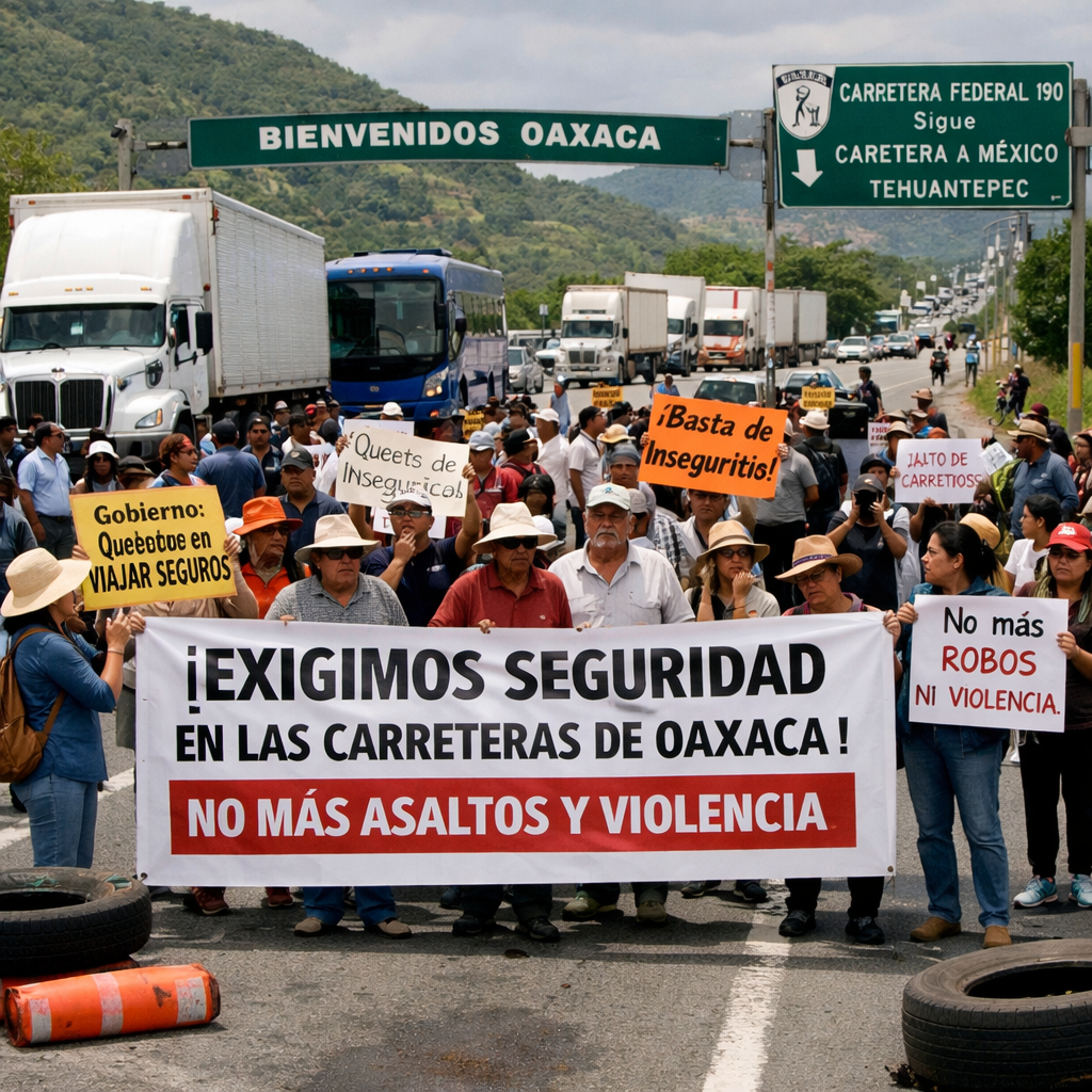 Group protesting for security on Oaxaca highways with signs against violence and robberies