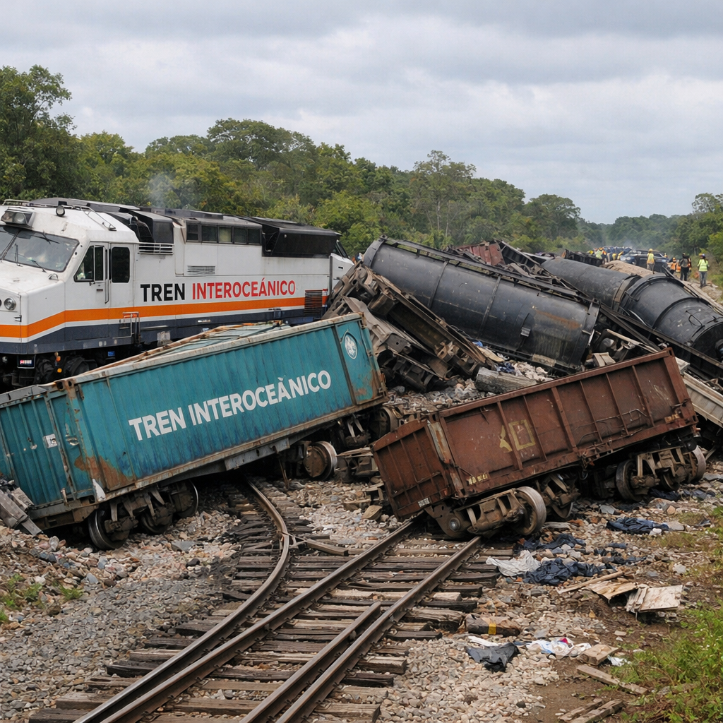 Derailment involving several freight railcars labeled Tren Interoceánico tipped on and next to train tracks