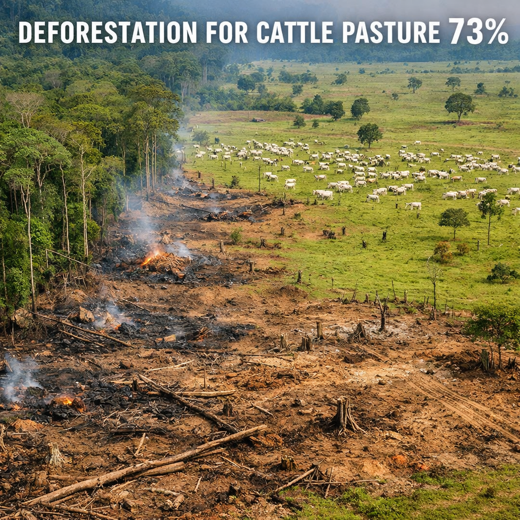 Burned and cleared forest land next to green pasture with grazing cattle