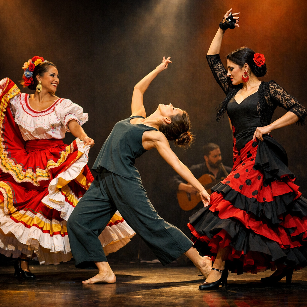 Three female dancers performing flamenco and contemporary dance on stage with a guitarist in the background