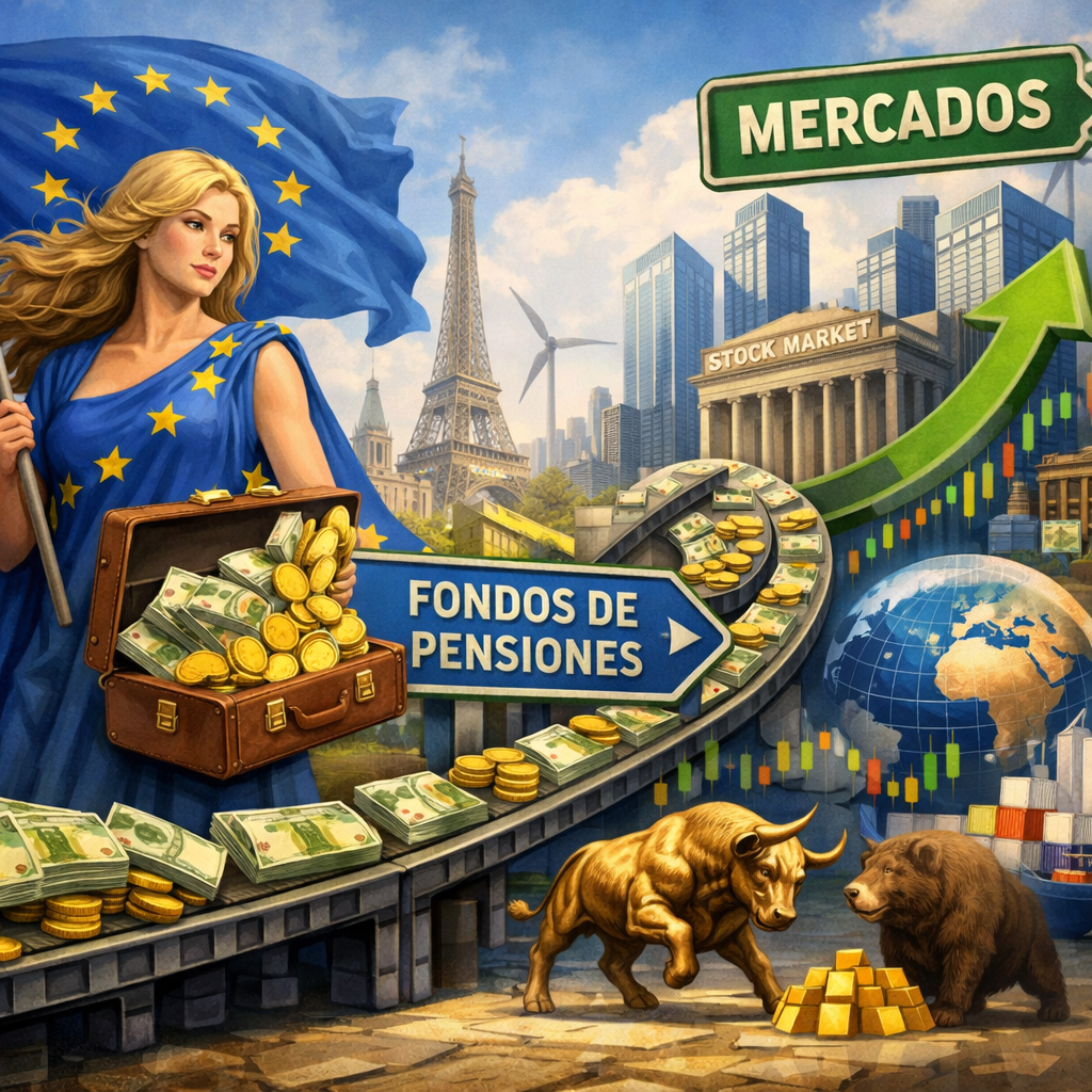Woman draped in EU flag holding money-filled briefcase with signs for pension funds and markets, bull and bear with gold bars
