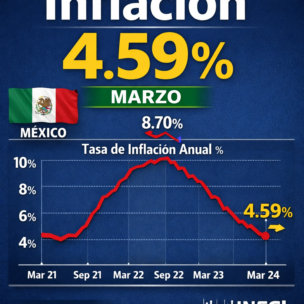 Graph showing Mexico's annual inflation rate from March 2021 to March 2024, peaking at 8.70% in September 2022 and falling to 4.59% in March 2024