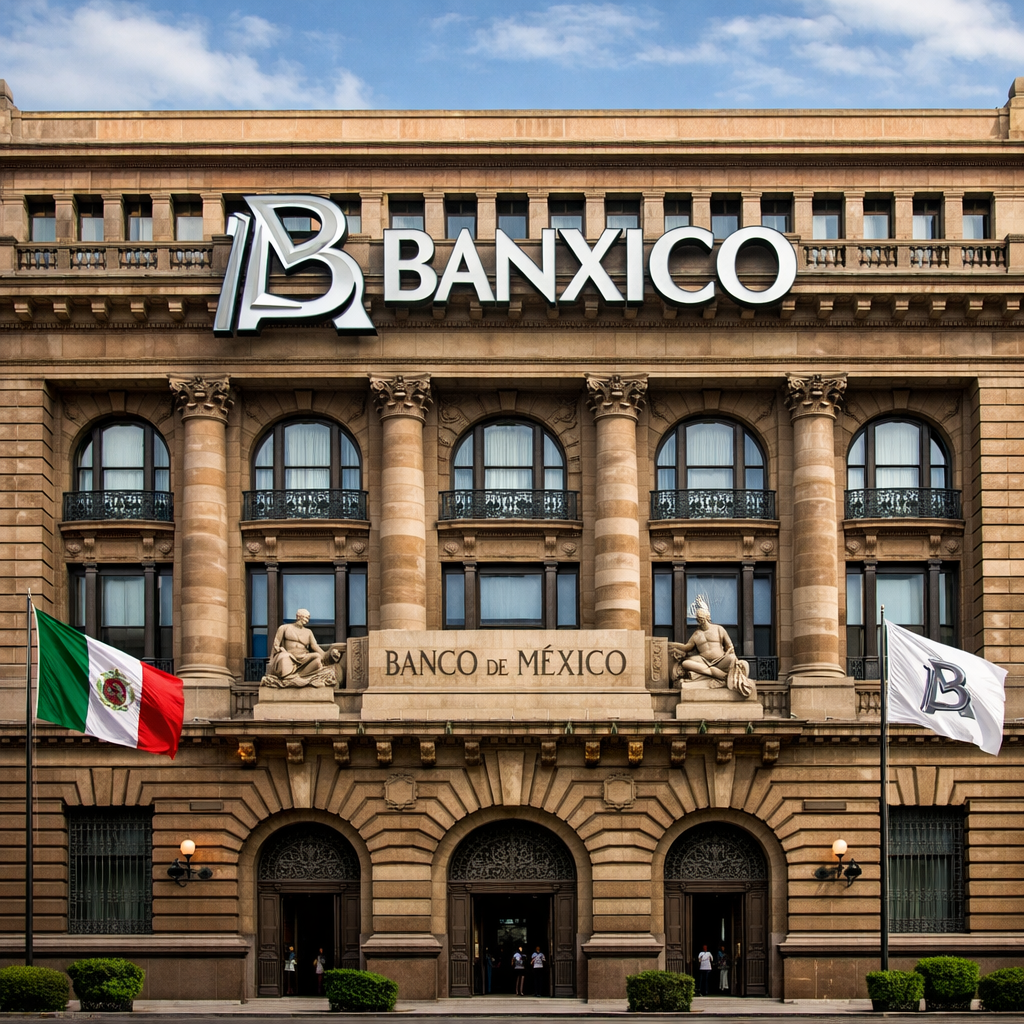 Banco de México building facade with sculptures and flags