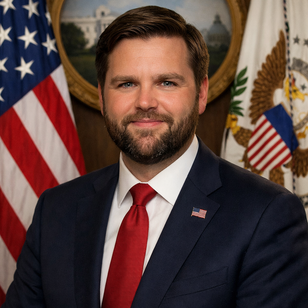 Man in navy suit, white shirt, red tie with American flag pin, standing before U.S. flags