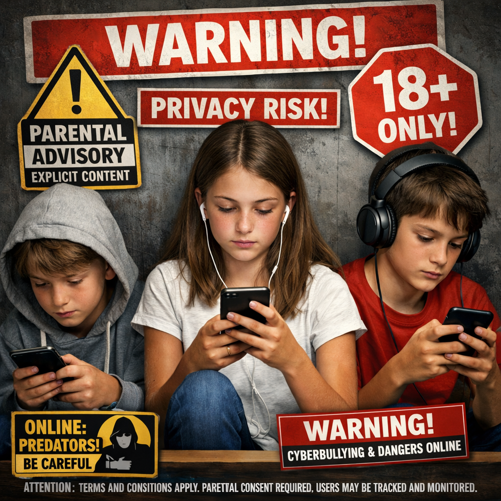 Three children using smartphones with warnings about online risks around them