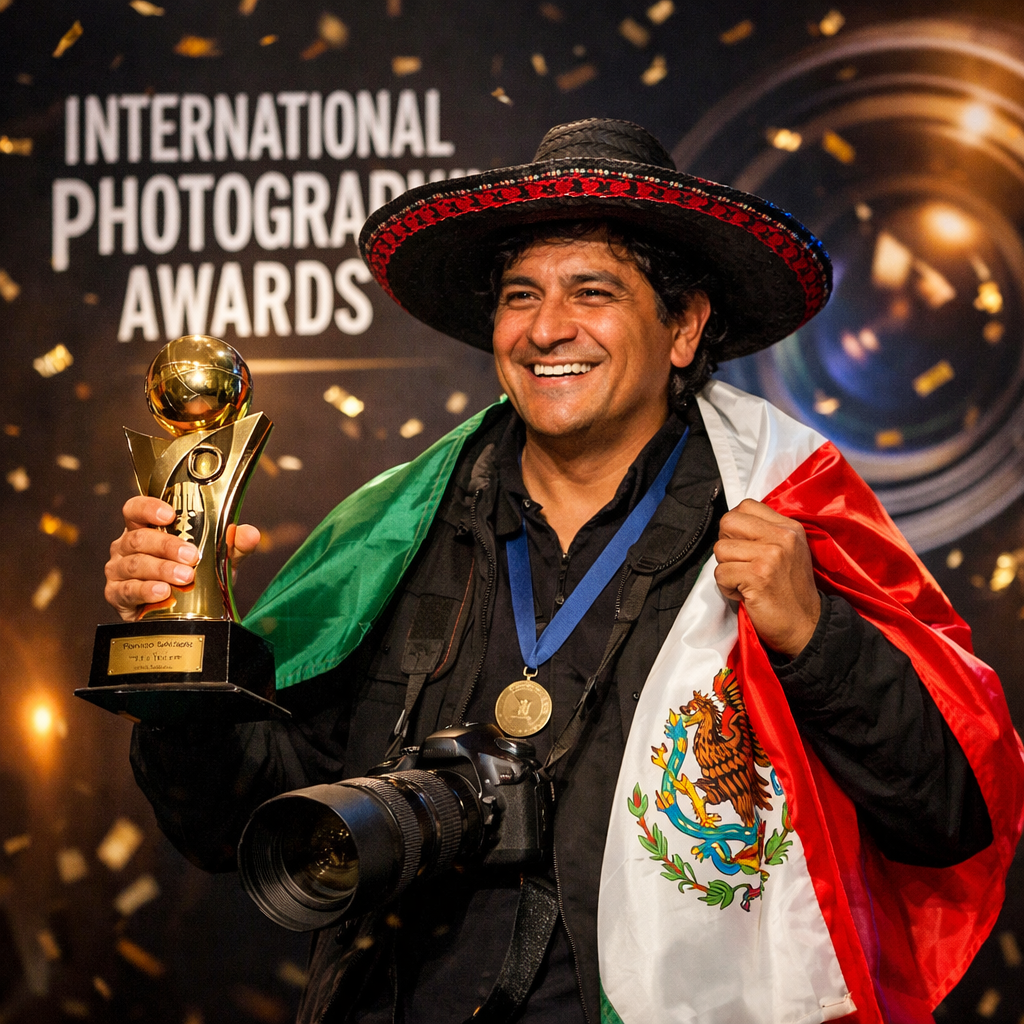 Photographer wearing a sombrero and Mexican flag holding a trophy with a camera around his neck