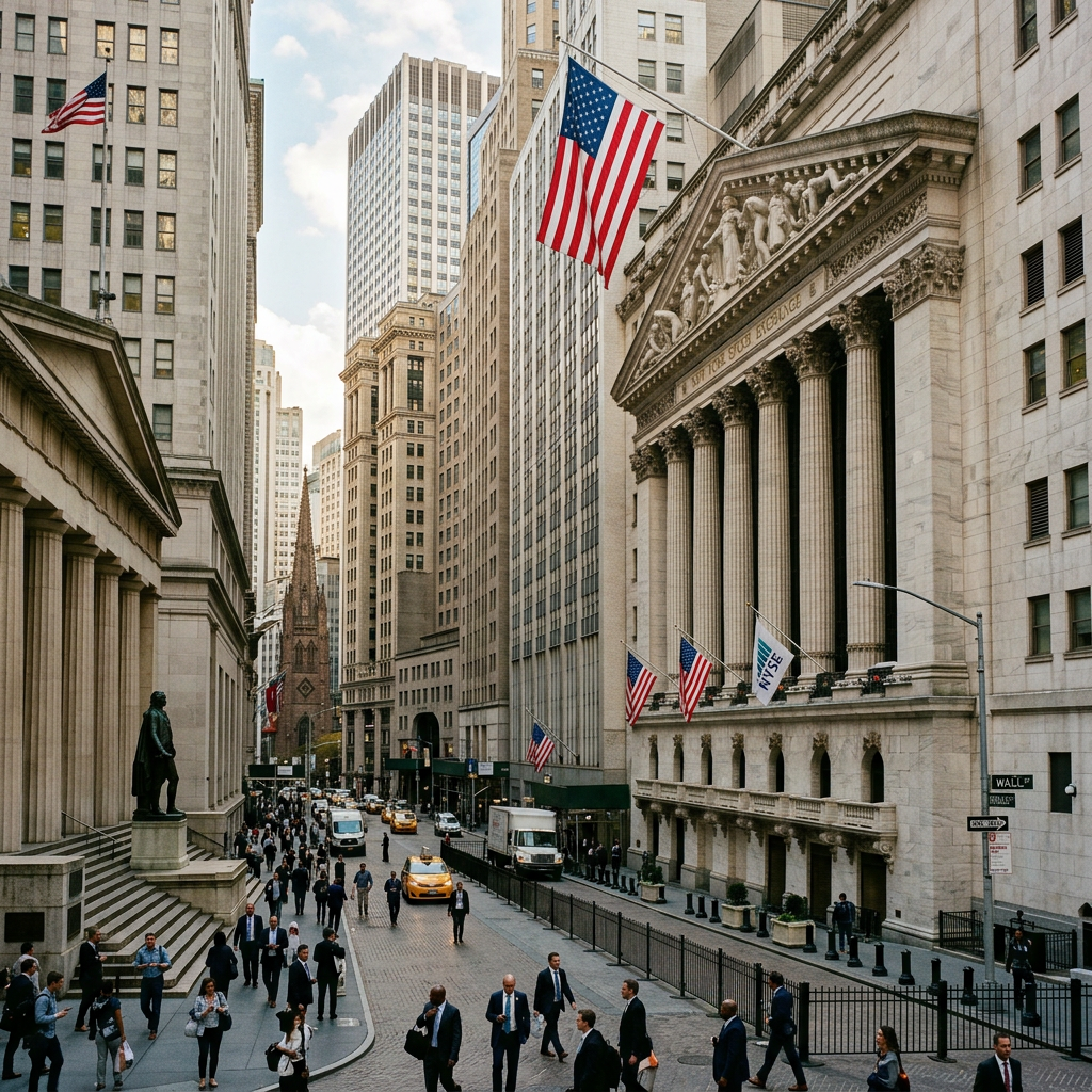 New York Stock Exchange building on Wall Street with people walking and cars on the street