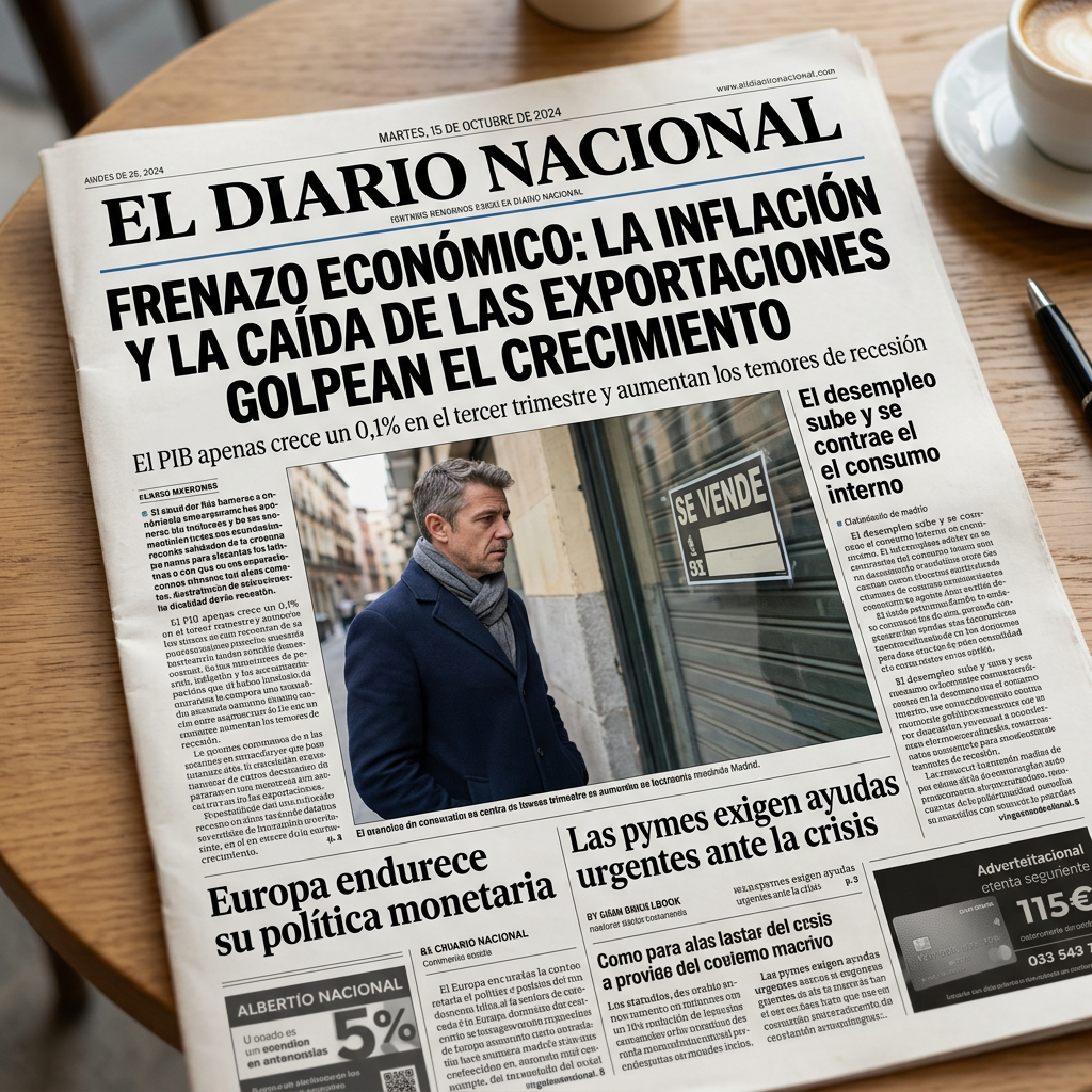Newspaper headline about economic slowdown, inflation, and export decline affecting growth