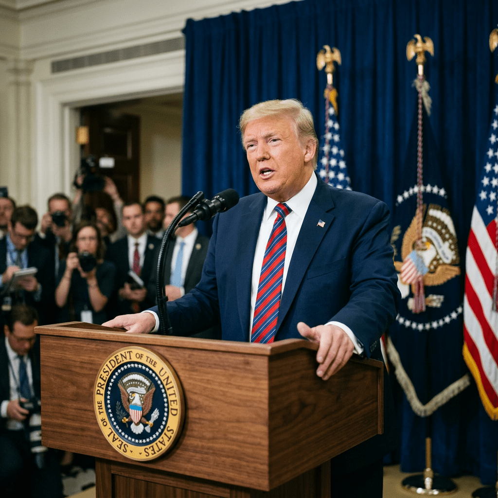 President speaking at a podium with the Seal of the President of the United States and flags behind him, reporters in the background