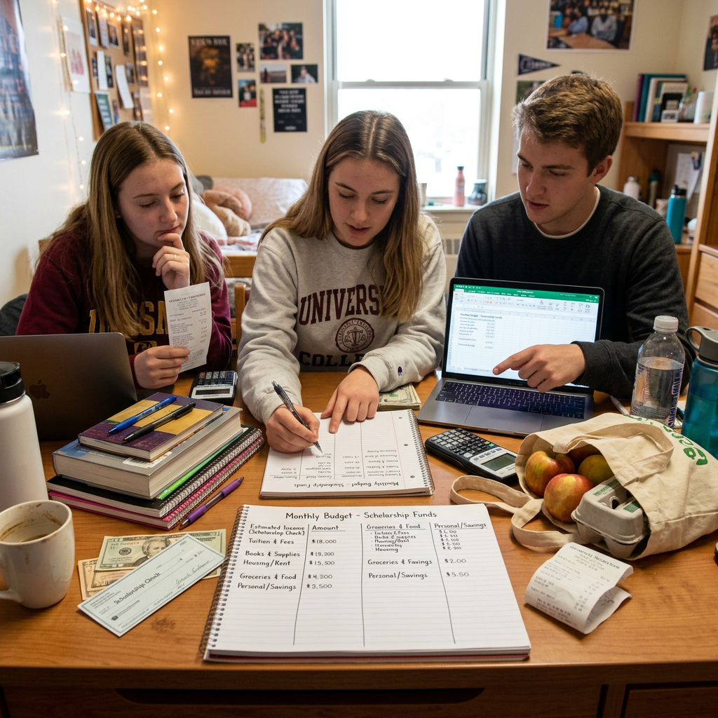 Three students working on a monthly budget with notebooks, receipts, and laptops