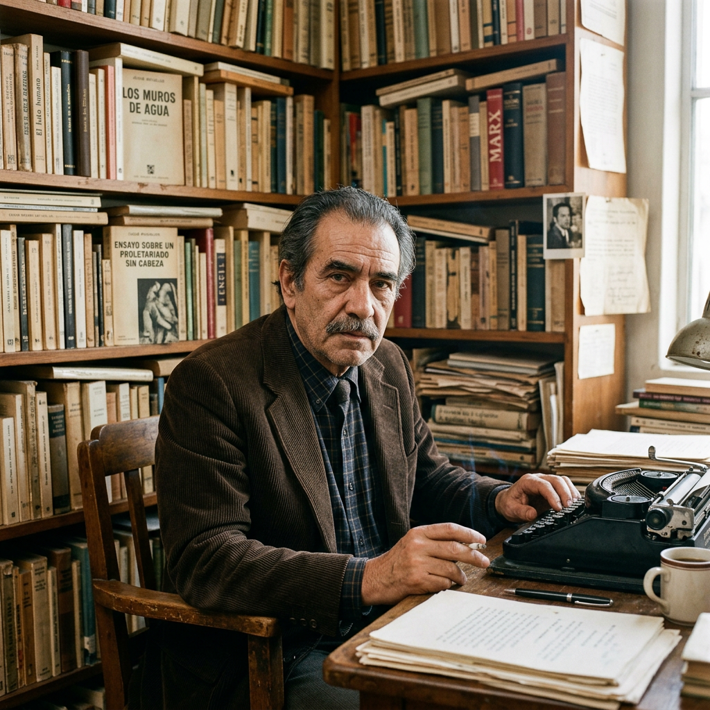 Man typing on a vintage typewriter in a cluttered study with bookshelves