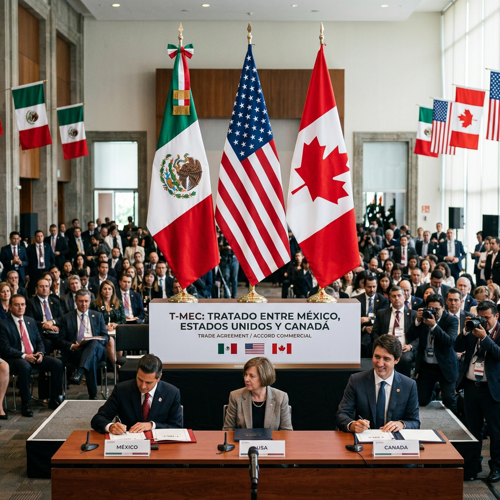 Officials from Mexico, USA, and Canada signing the T-MEC trade agreement with respective national flags