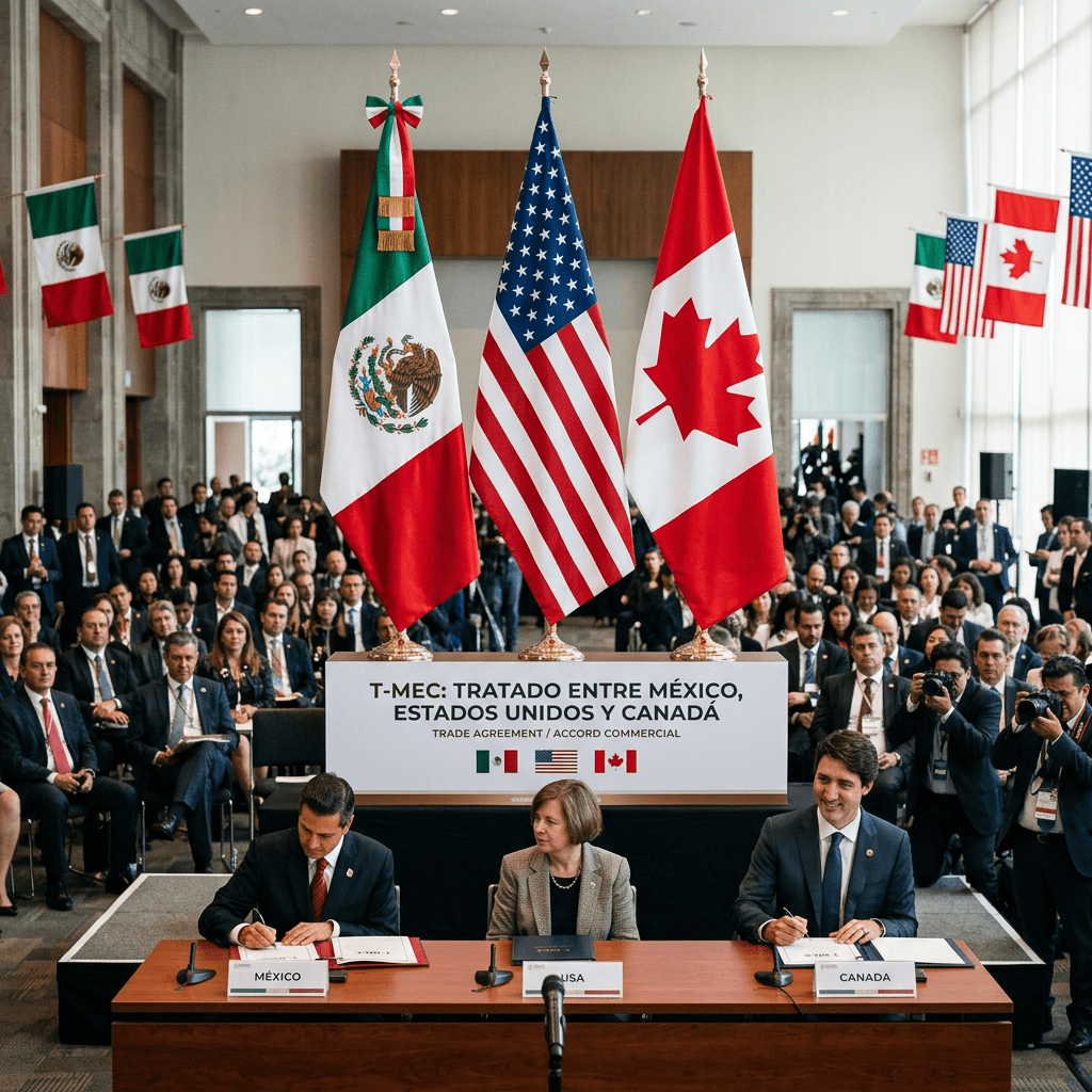 Officials from Mexico, USA, and Canada signing the T-MEC trade agreement with respective national flags