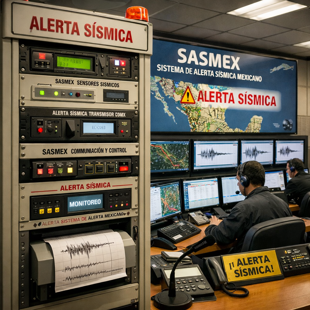 Control room with seismic monitoring equipment and technicians tracking earthquake data