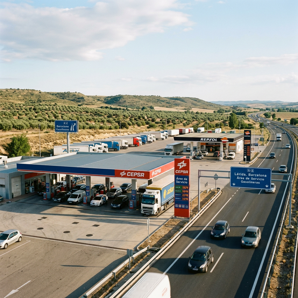 Highway service area with CEPSA and REPSOL gas stations, cars and trucks refueling, and highway traffic.