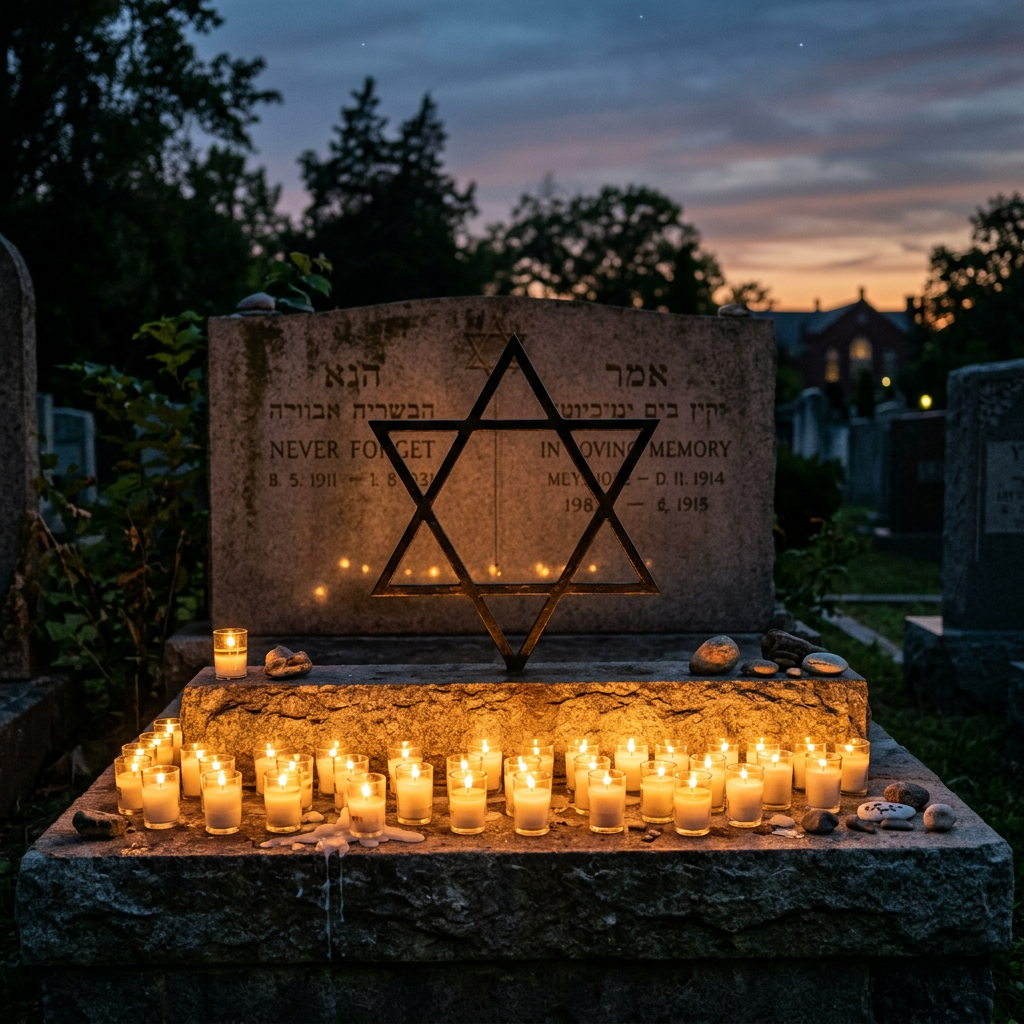 Jewish gravestone with Star of David, candles, and stones at dusk