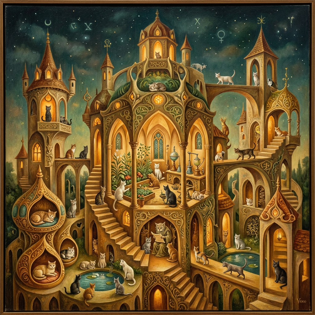 An ornate fantasy castle with arches, stairs, plants, and numerous cats scattered throughout the structure