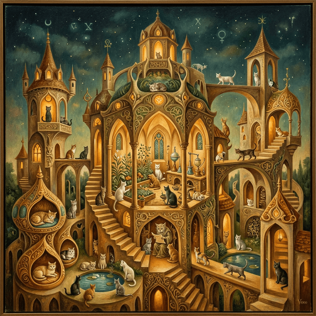 An ornate fantasy castle with arches, stairs, plants, and numerous cats scattered throughout the structure