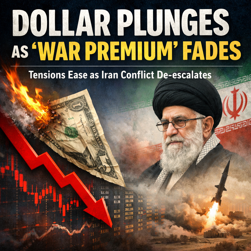 Burning dollar with downward red arrow, Iranian leader, and missile launch