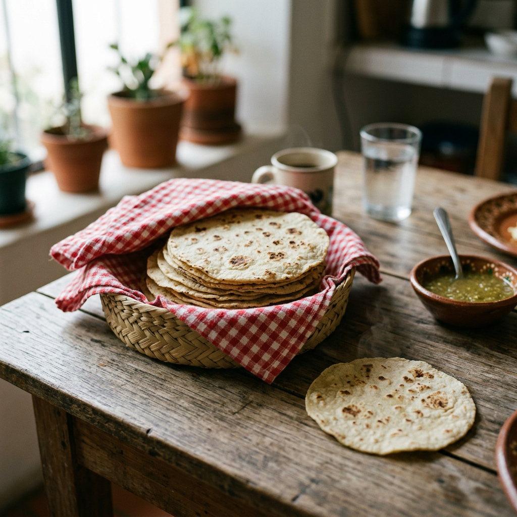 Stack of homemade tortillas in basket with salsa, coffee, and water on wooden table