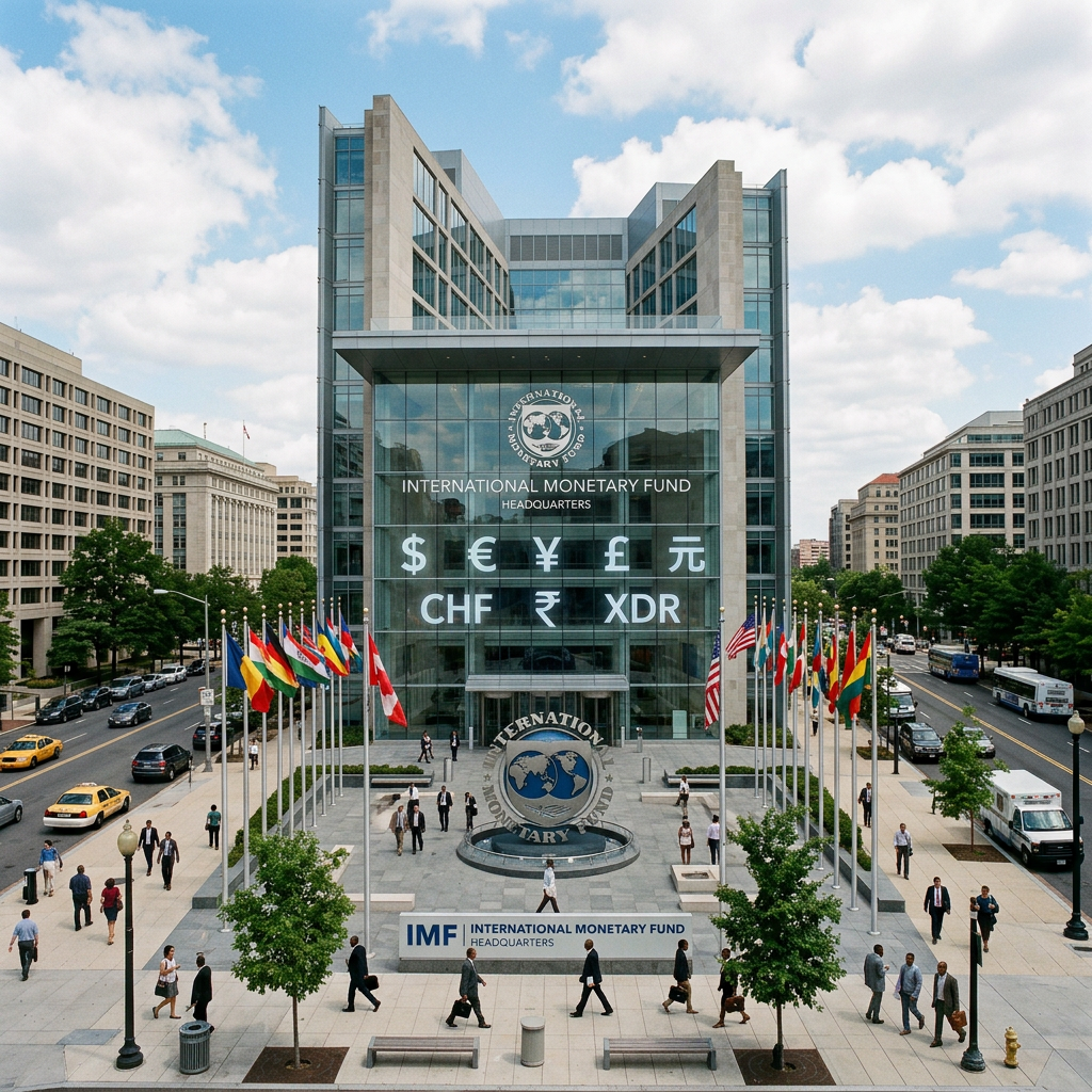 Main entrance of the International Monetary Fund headquarters building with flags and people outside