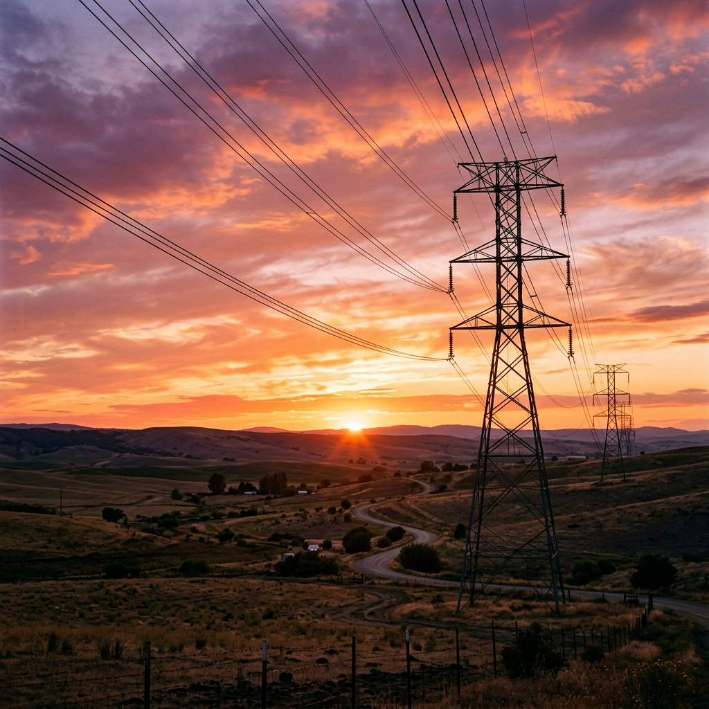 High voltage power lines over rural landscape with sunset sky
