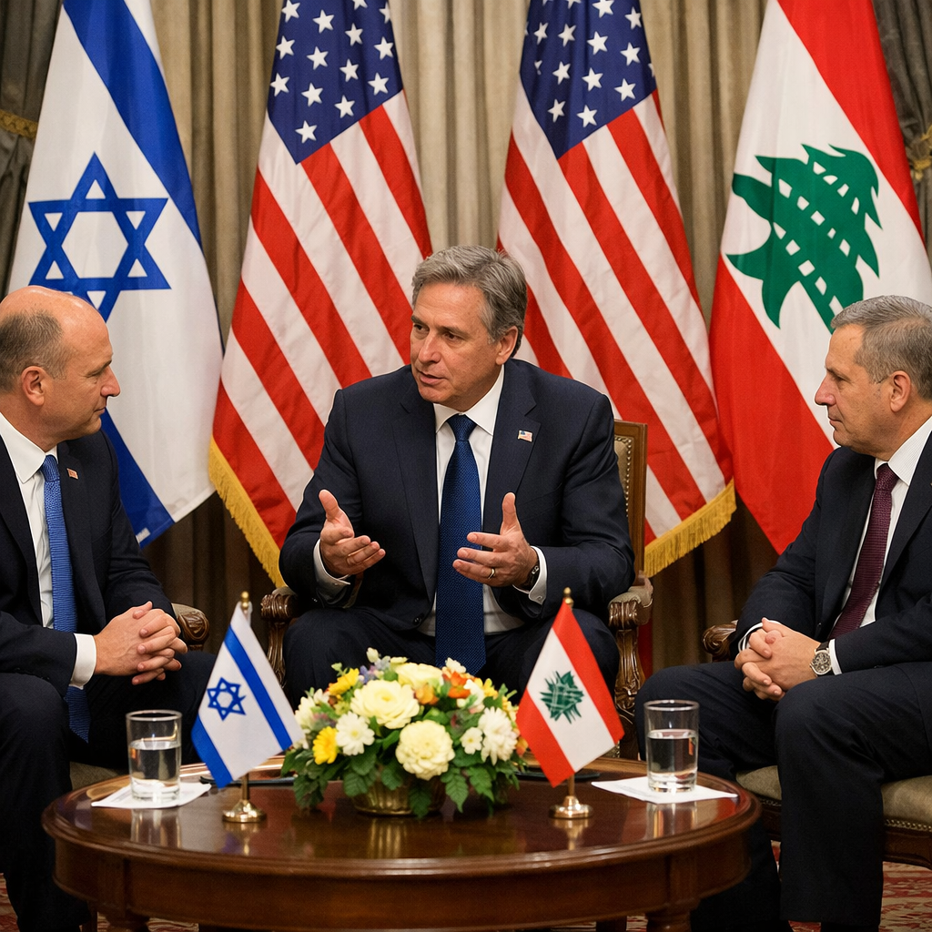 Three men in suits seated around a table with US, Israel, and Lebanon flags
