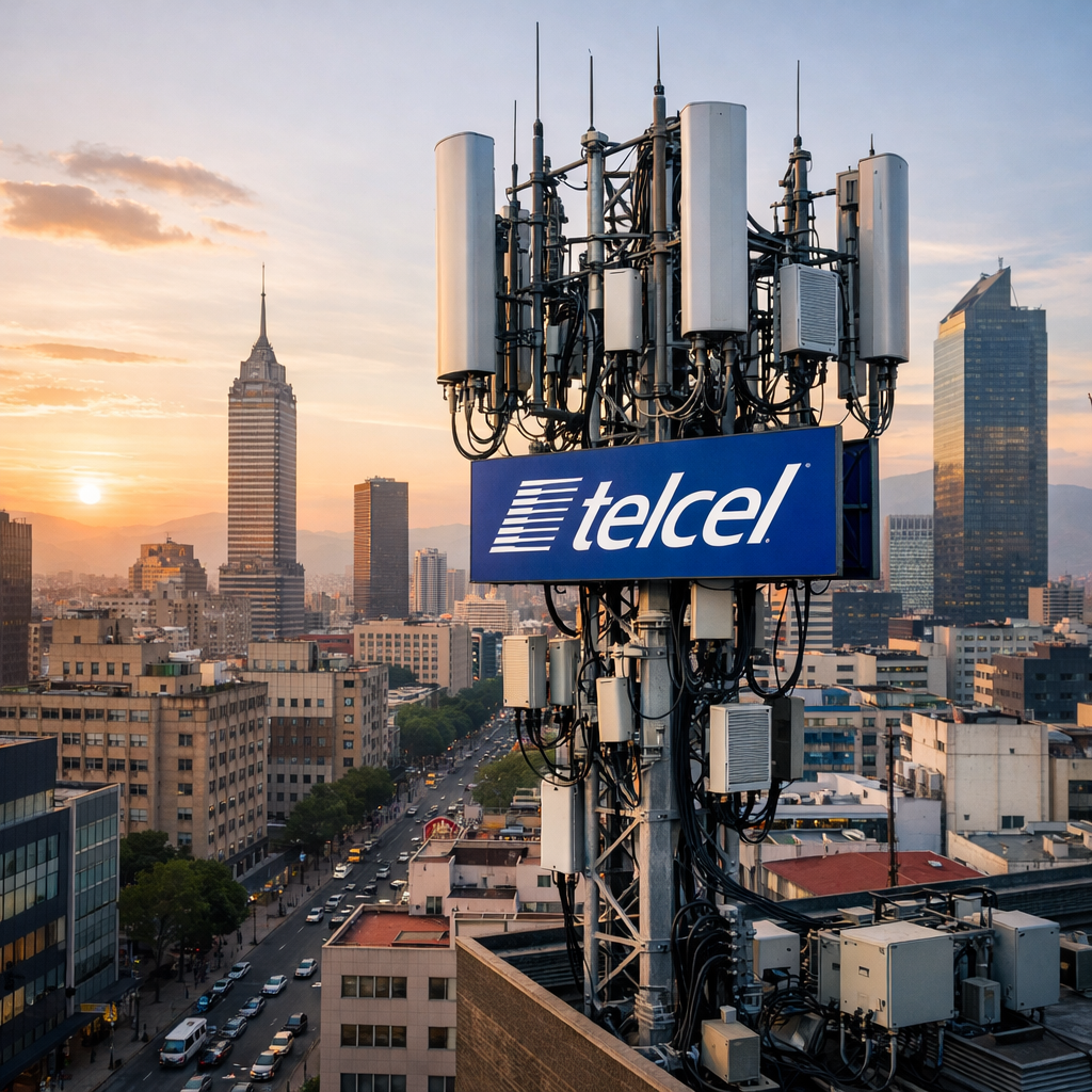 Telcel cellular tower with antennas in city skyline at sunset