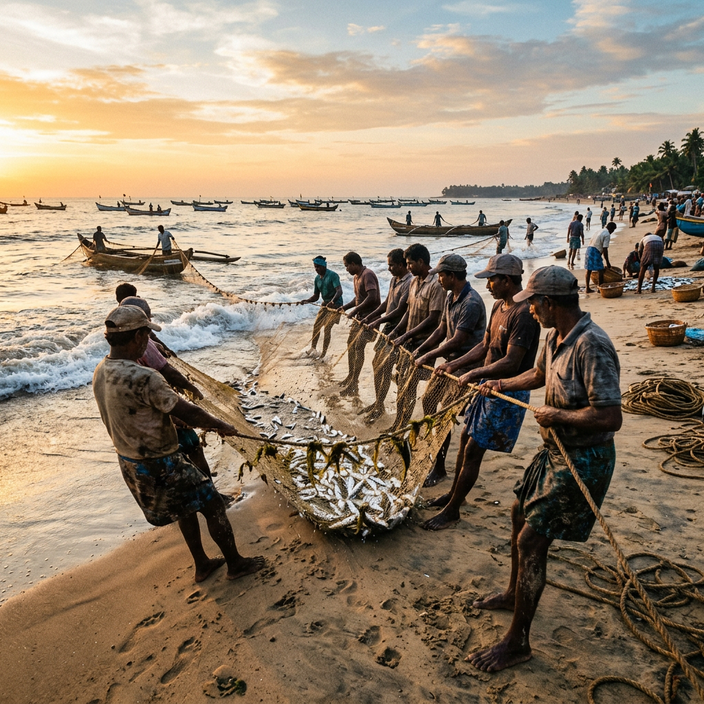Group of fishermen pulling a net full of fish on a sandy beach at sunrise