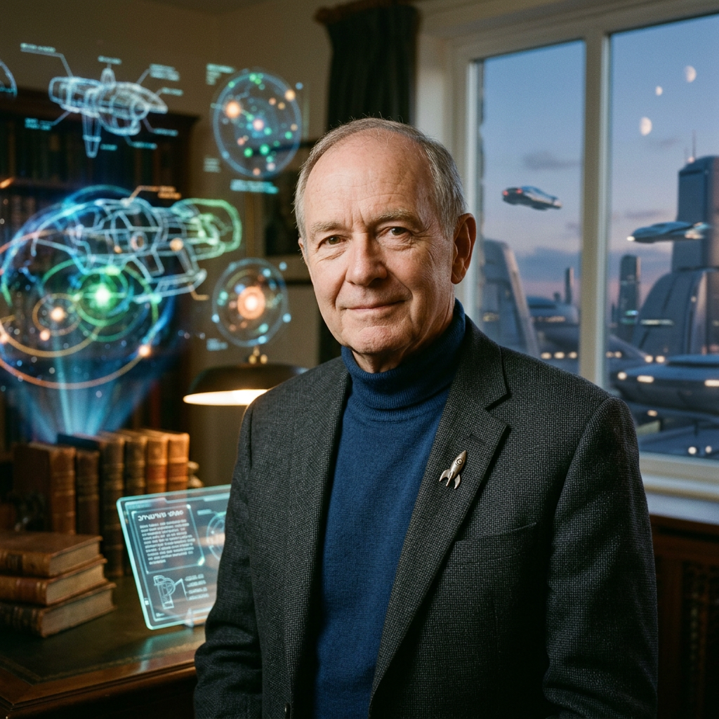 Older man in a dark blazer and blue turtleneck with holographic spaceships and star maps behind him